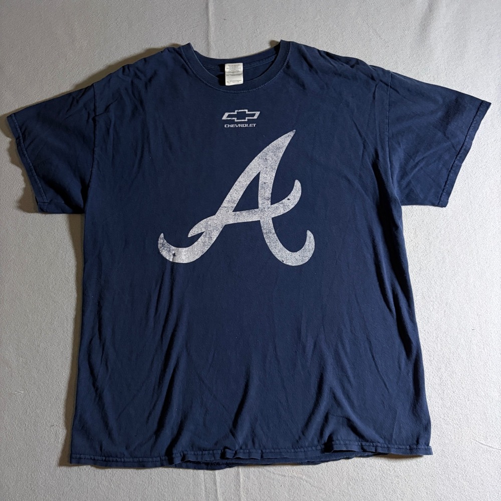 Gildan Atlanta Braves Chevrolet Graphic T-Shirt Mens XL Navy Blue Short‎ Sleeve